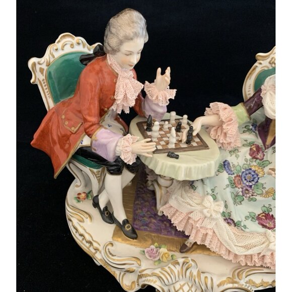 Dresden Volkstedt Porcelain Lace Couple Playing Chess 10" Wide Antique Victorian - Picture 4 of 16